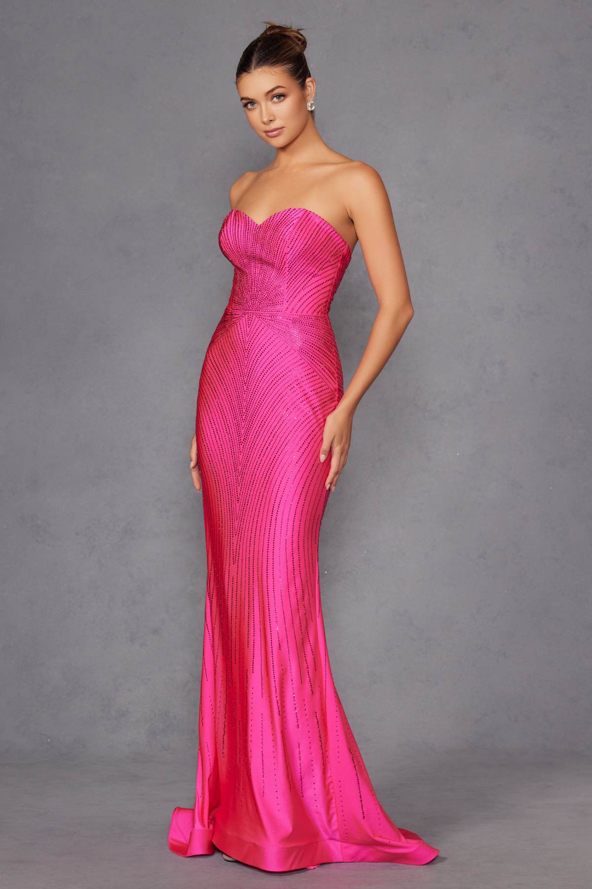 Fuchsia long strapless sweetheart rhinestone fitted mermaid gown, front three-quarter