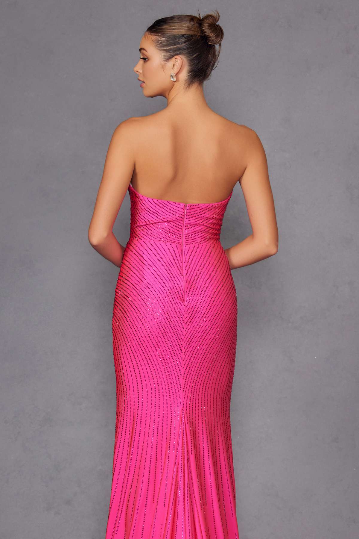 Fuchsia long strapless sweetheart rhinestone fitted mermaid gown, back view