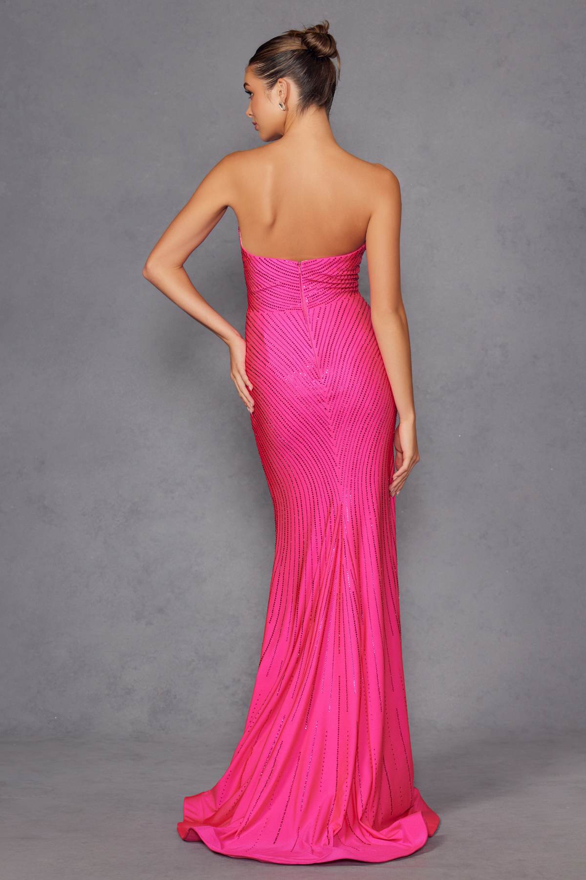 Fuchsia long strapless sweetheart rhinestone fitted mermaid gown, back side view