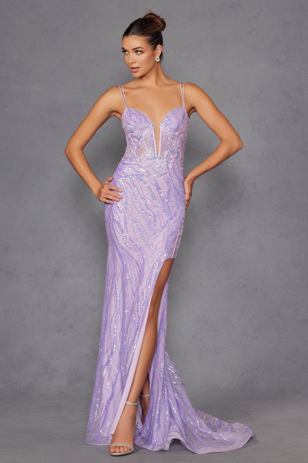 Lilac sequin lace corset gown with V neckline, thin straps, thigh-high slit