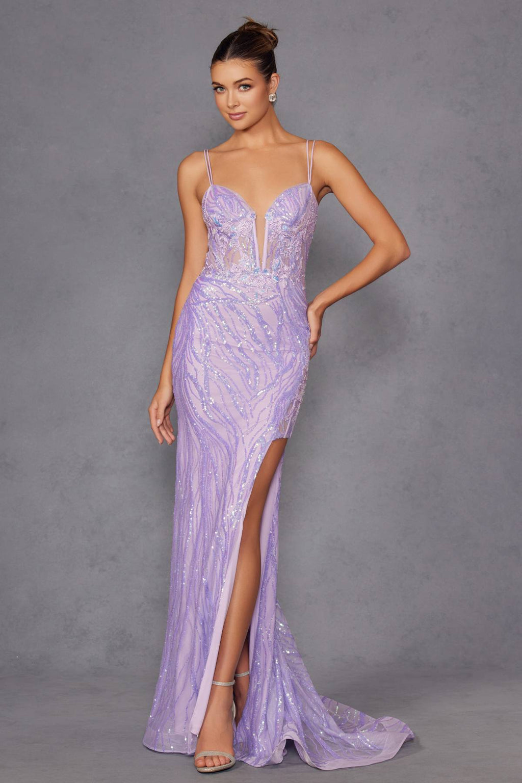 Lilac sequin lace corset gown with V neckline, spaghetti straps, flowing long skirt