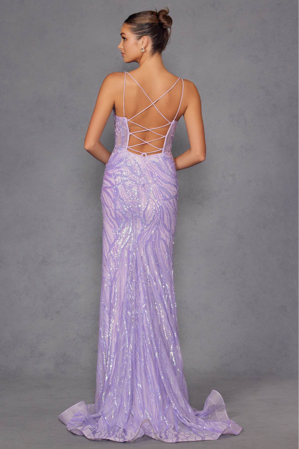Lilac sequin lace corset gown with lace-up crisscross open back and long skirt