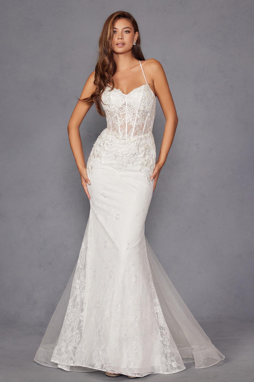 Off-white embellished lace mermaid bridal dress with spaghetti straps and long scalloped hem.