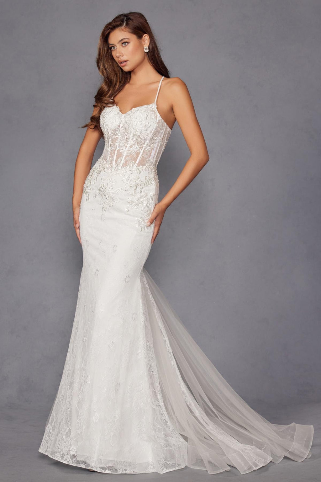 Off-white embellished lace mermaid bridal dress with spaghetti straps and sheer train.
