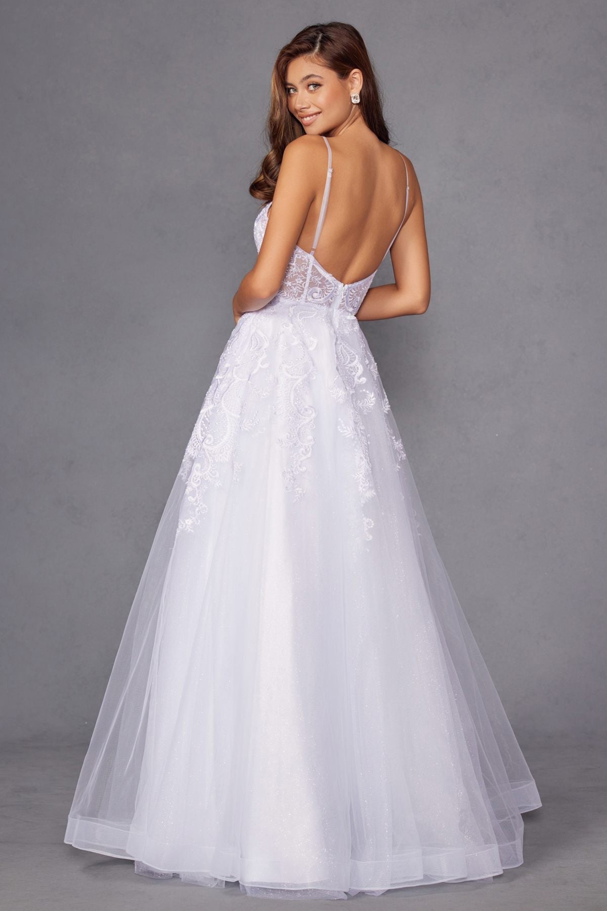 White A-line tulle wedding ball gown with lace spaghetti straps, open back, full skirt