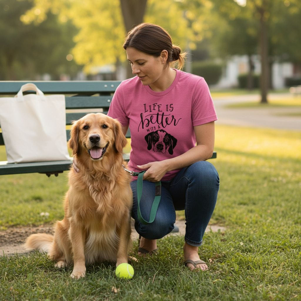 Pink dog mom T-shirt on a woman, “Life is better” text with black dog graphic