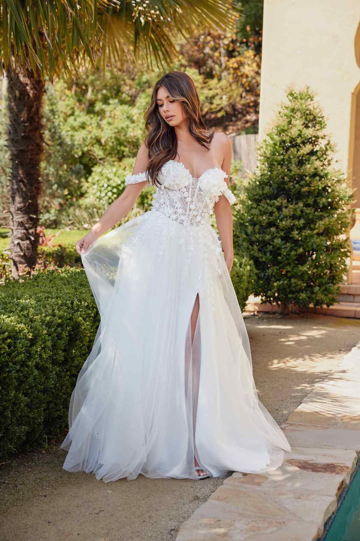 Off-shoulder off-white ball gown with 3D floral lace bodice and flowing tulle skirt