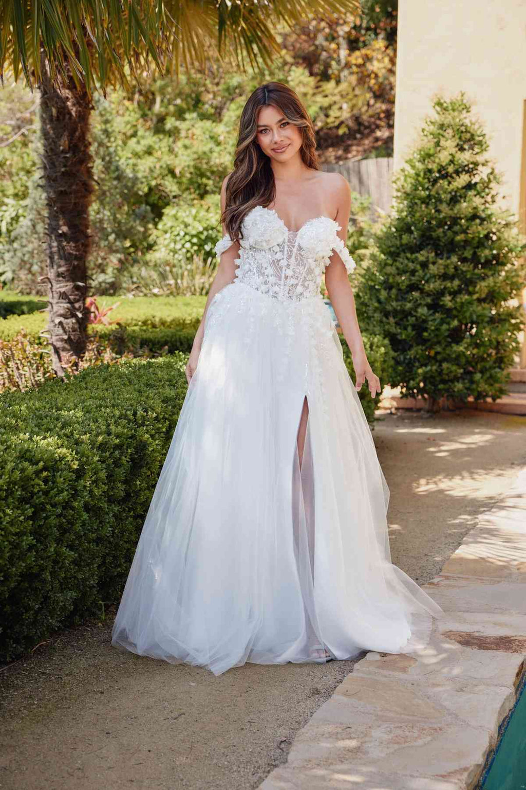 Off-shoulder off-white ball gown with 3D floral lace bodice and tulle skirt, front slit