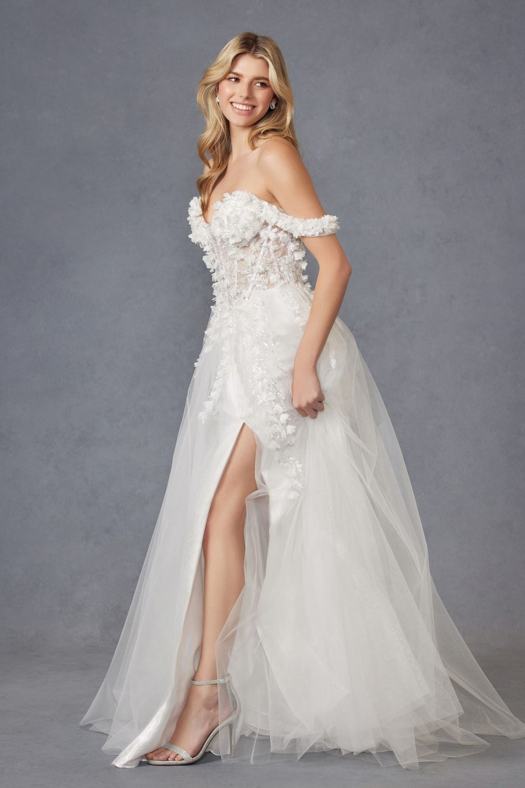 Off-shoulder off-white ball gown with 3D floral bodice and long tulle skirt with front slit