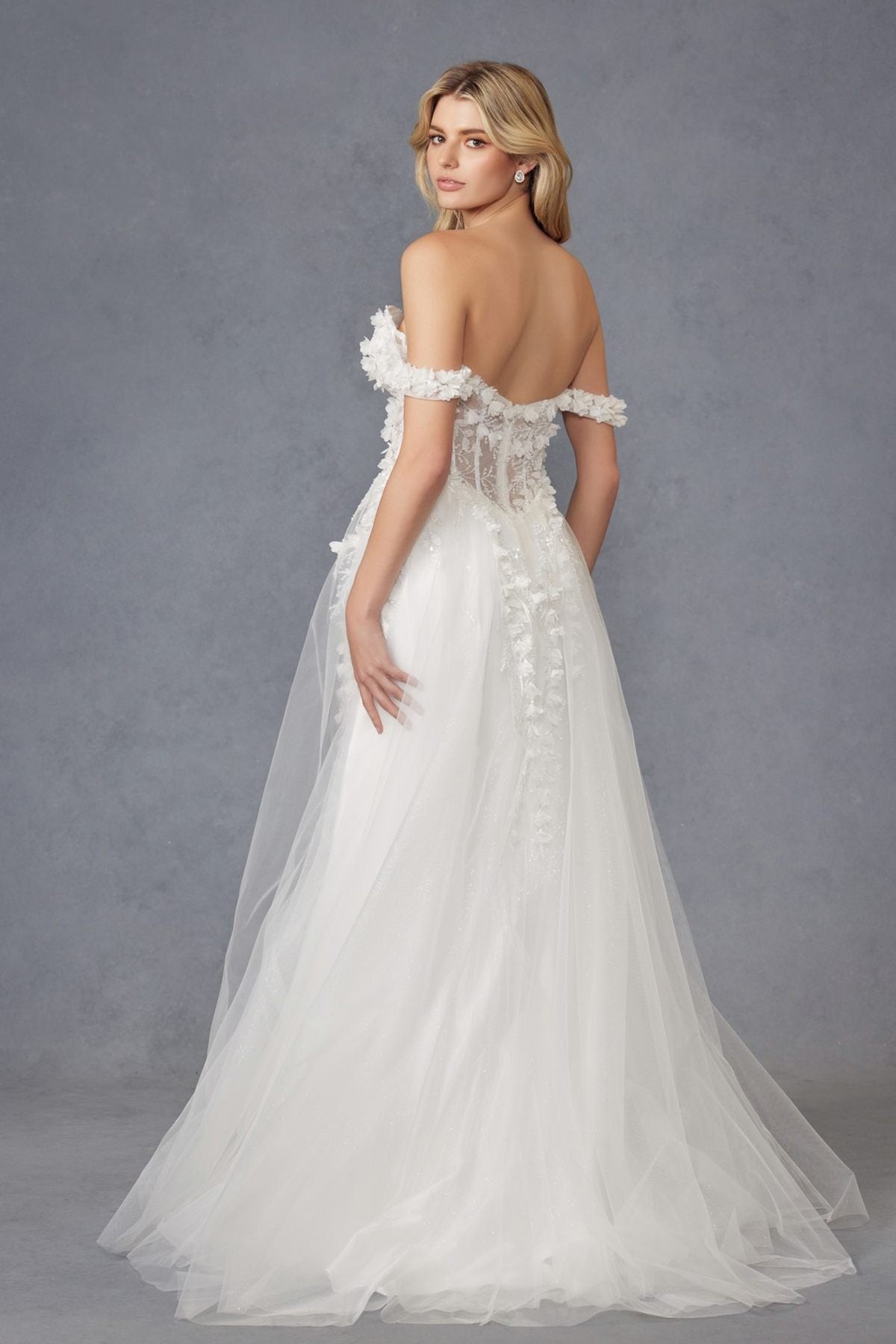 Off-shoulder off-white ball gown with open back, 3D floral lace bodice, and tulle skirt