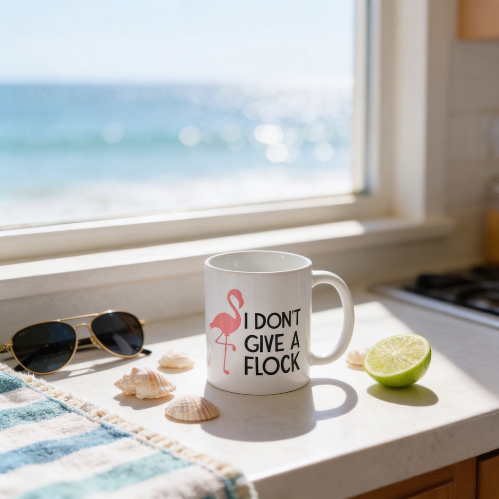 White ceramic mug with pink flamingo and 'I DON'T GIVE A FLOCK' text on front