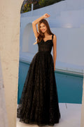Black A-line evening gown with spaghetti straps and textured lace-like sparkle