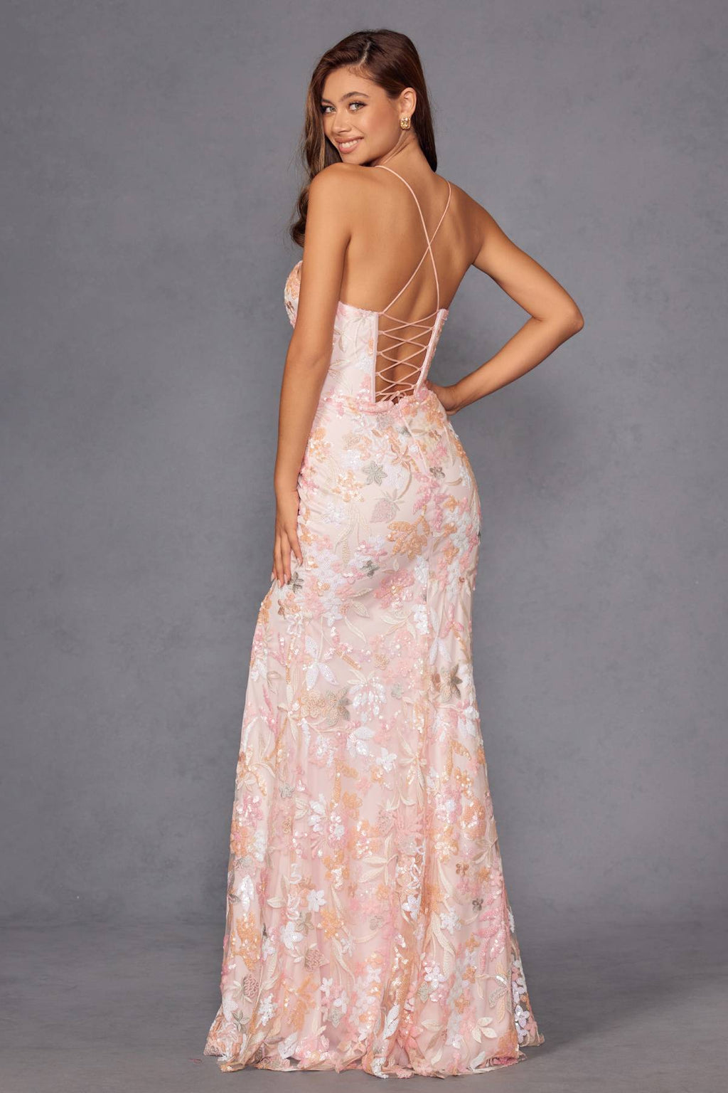 Baby pink floral embroidered fitted evening gown with open back and long skirt