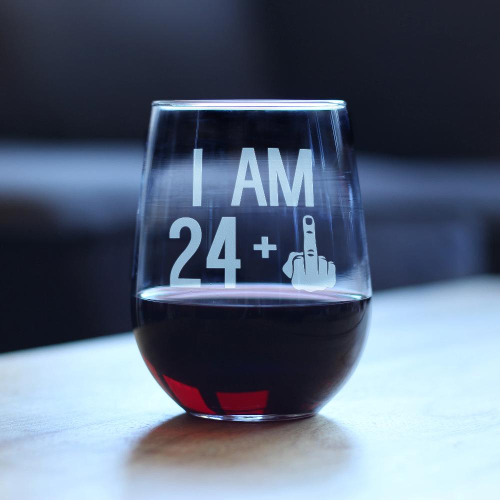 24 + 1 Middle Finger - 25th Birthday Stemless Wine Glass for Women & Men - Cute Funny Wine Gift Idea - Unique Personalized Bday Glasses for Best Friends Turning 25 - Drinking Party Decoration