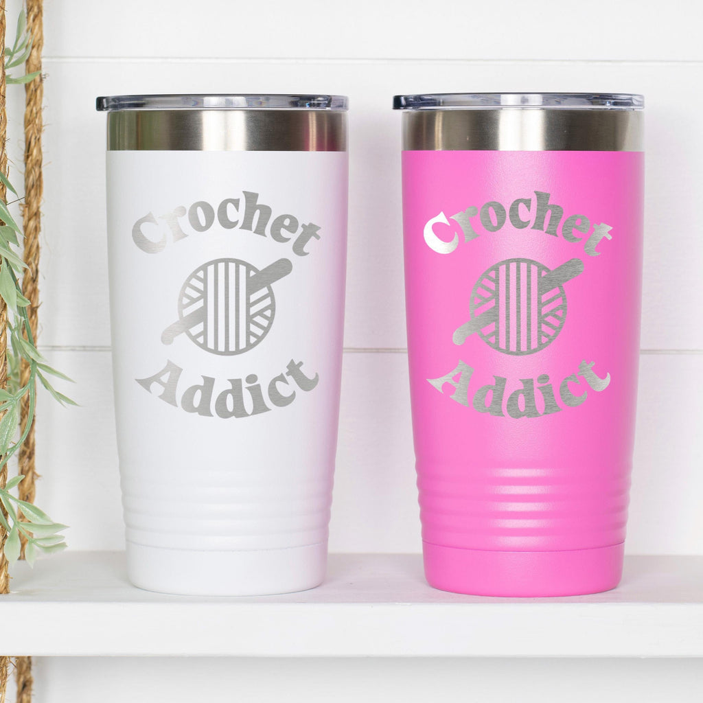 20 oz insulated travel tumbler pair: white and pink with Crochet Addict logos and metal lids