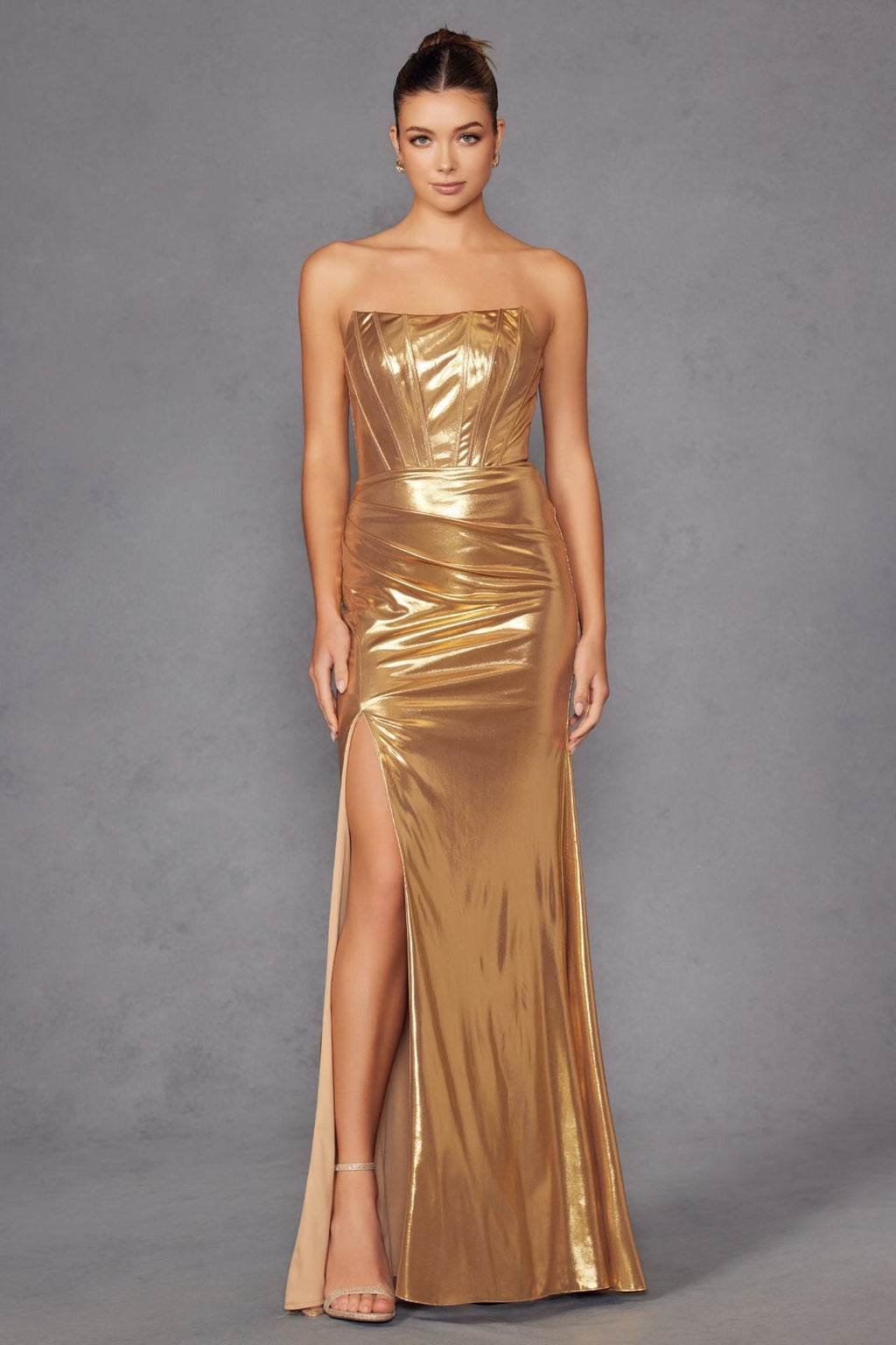 Metallic gold strapless fitted formal gown with sweetheart neckline and long front slit