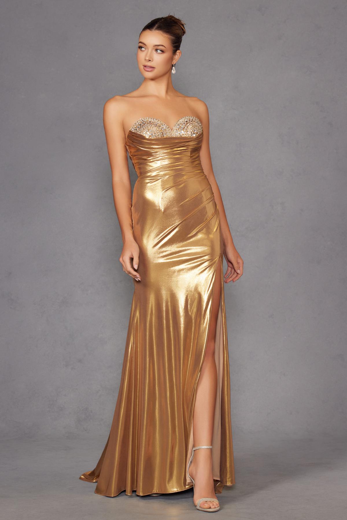 Gold metallic strapless sweetheart fitted gown with beaded bodice and long slit