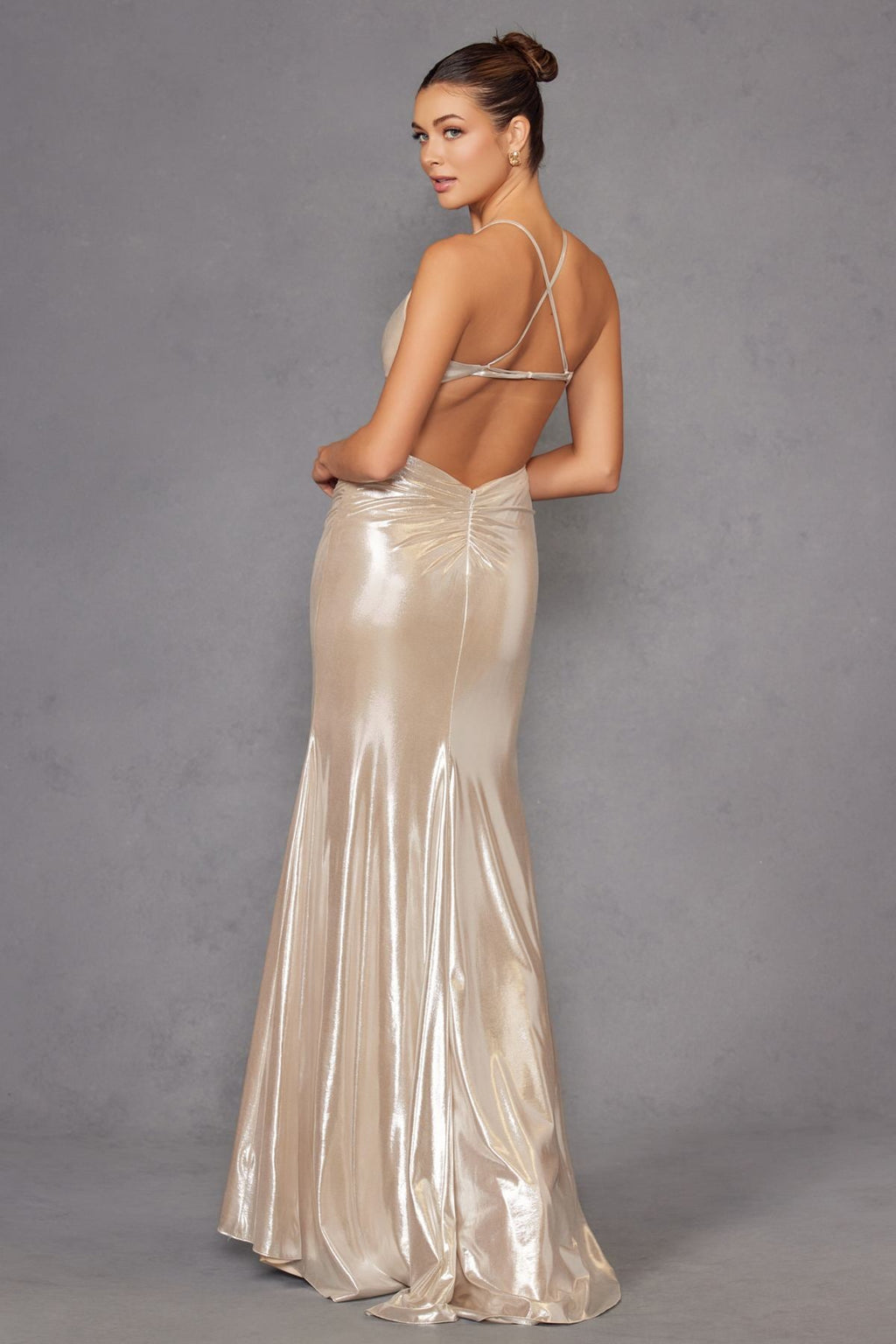 Champagne metallic halter long fitted gown with open back straps