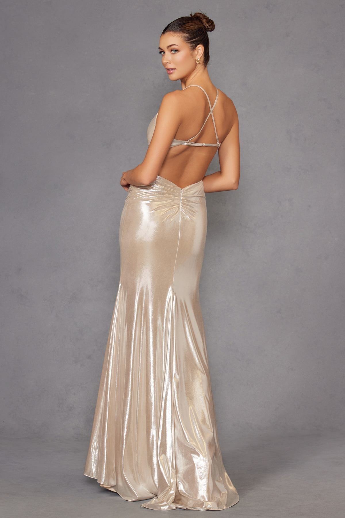 Champagne metallic halter long fitted gown with open back straps