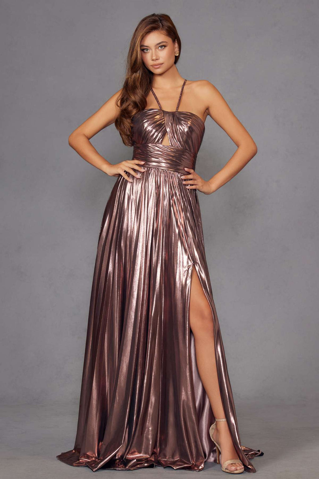 Bronze metallic halter A-line gown with pleated skirt and side slit