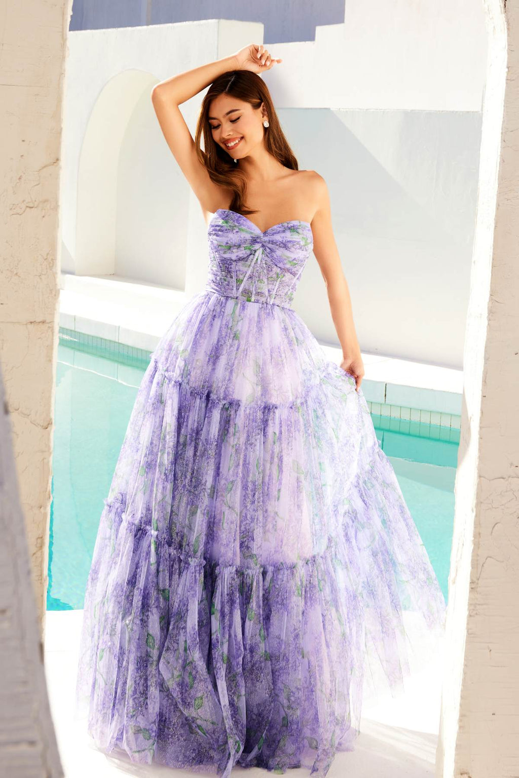 Lilac strapless sweetheart tiered gown with watercolor floral print, full front view.