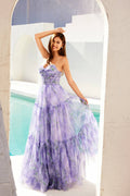 Lilac strapless sweetheart tiered gown with watercolor floral print corset bodice.