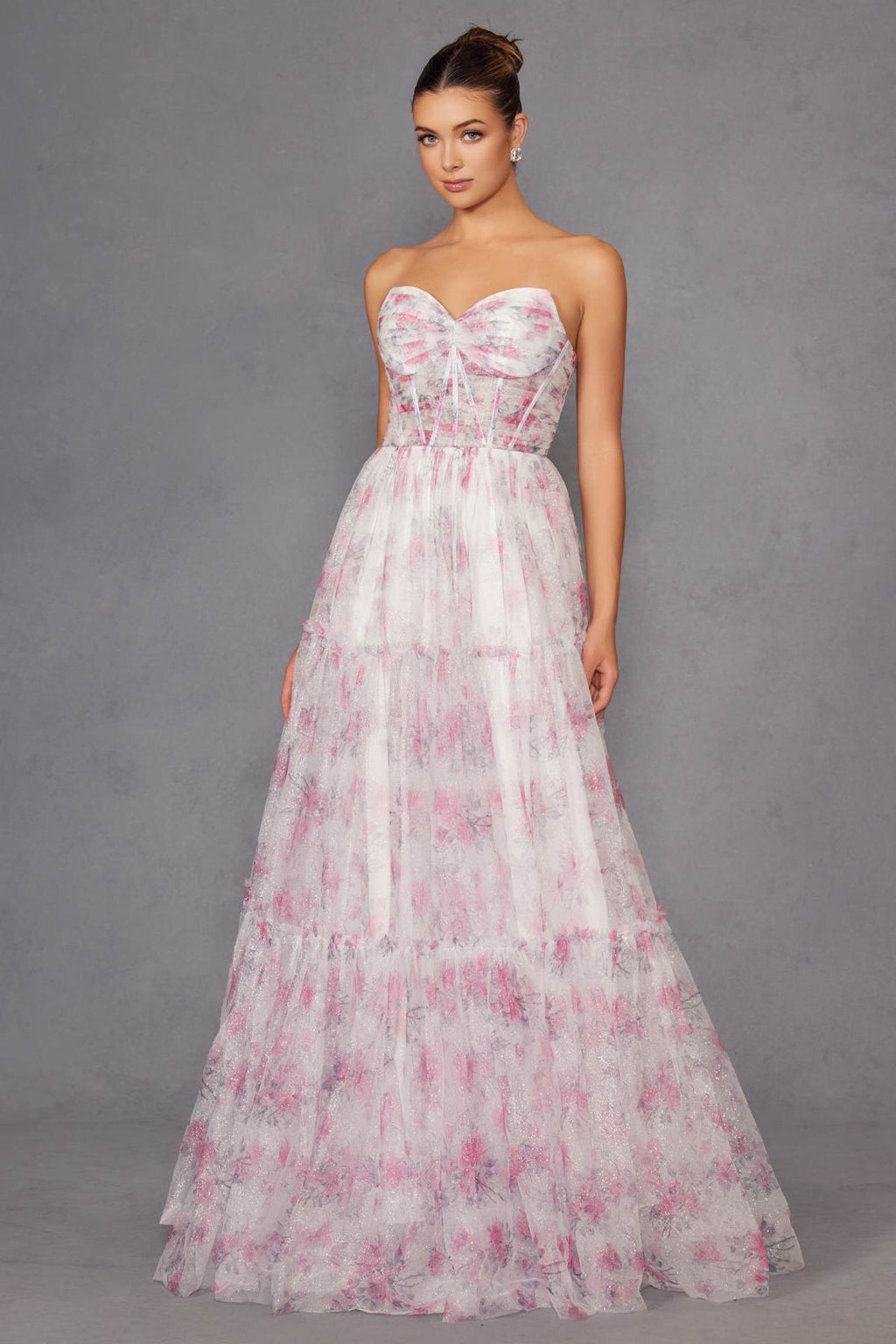 Strapless sweetheart bodice tiered maxi gown with pale pink and white floral print