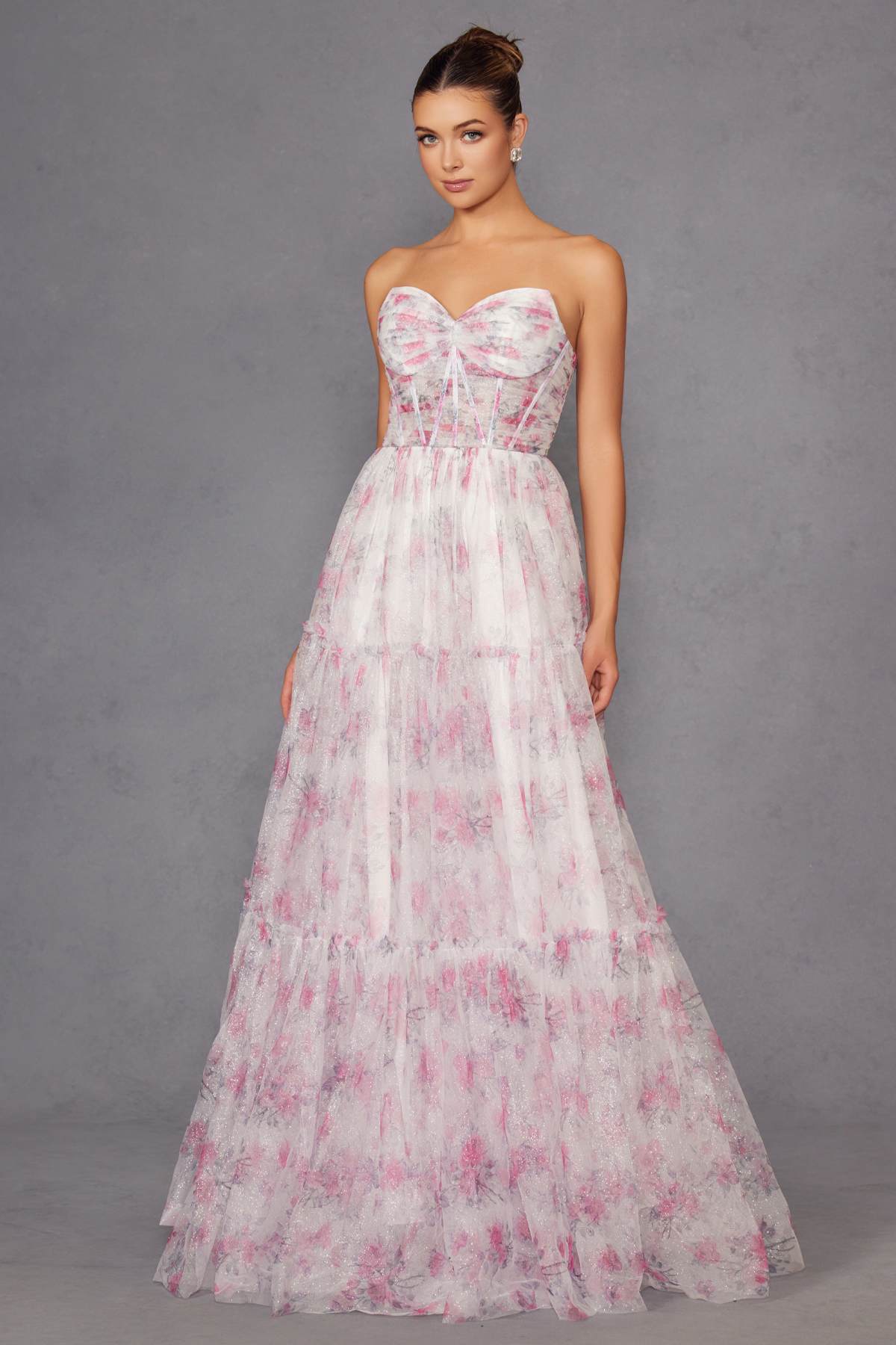 Strapless sweetheart bodice tiered maxi gown with pale pink and white floral print