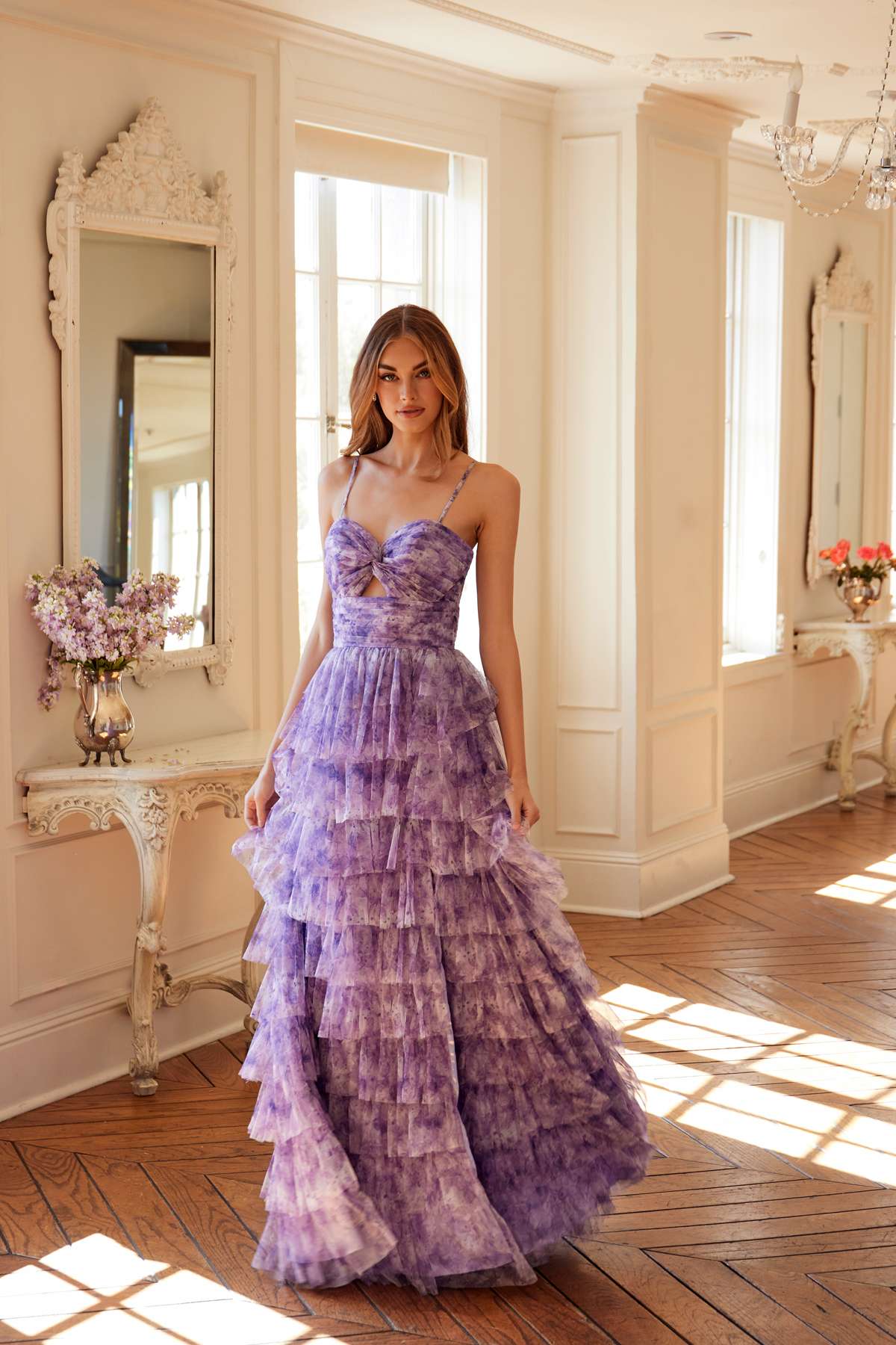 Lilac sweetheart neckline tiered ruffle gown with keyhole back and front slit