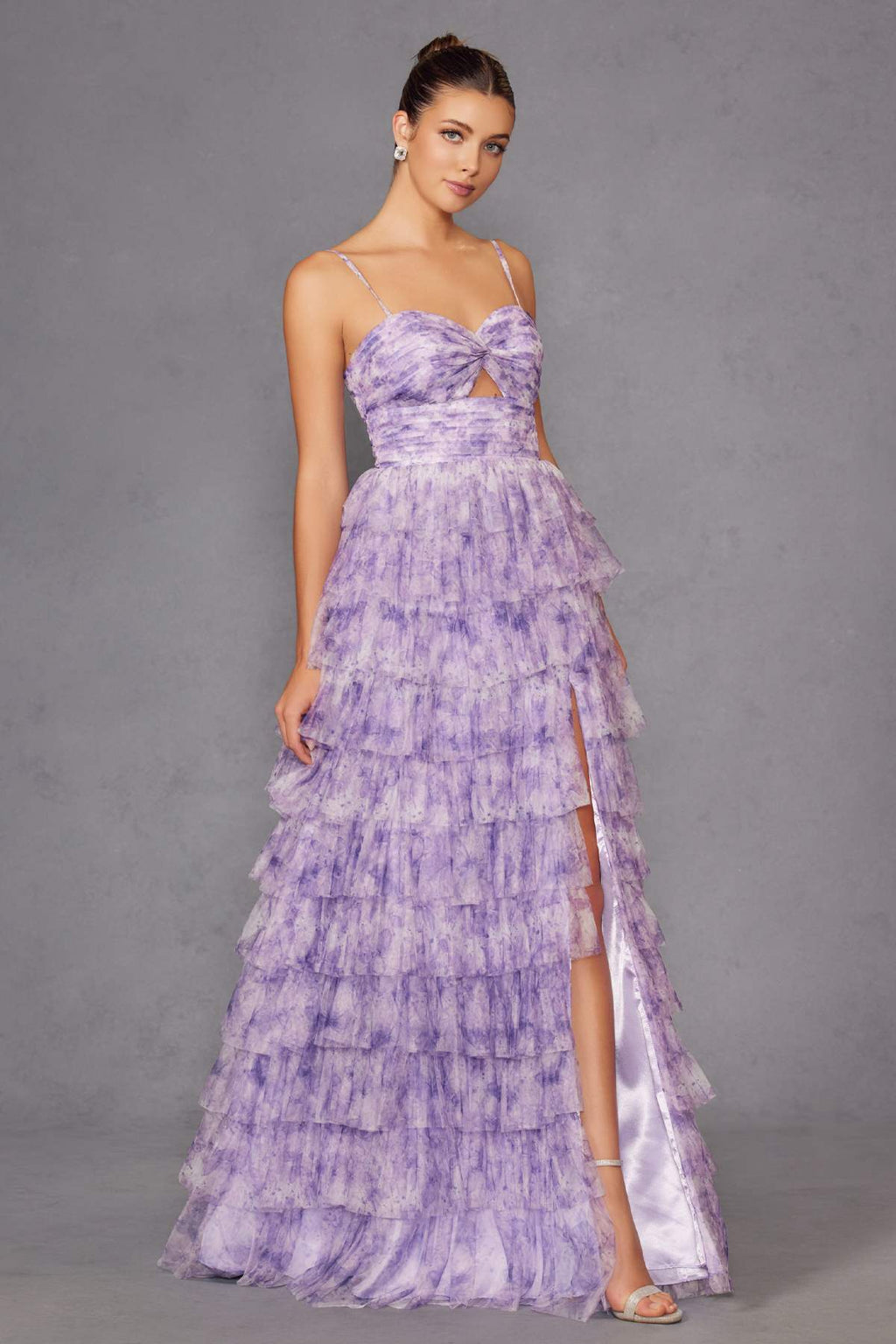 Lilac sweetheart neckline tiered ruffle gown with bow bodice and front slit