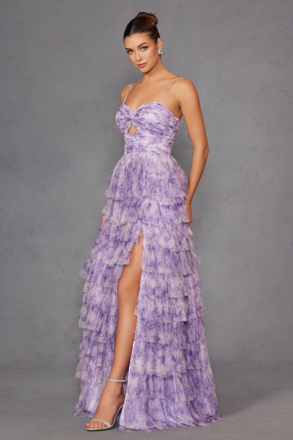 Lilac sweetheart neckline tiered ruffle gown with bow bodice and front slit