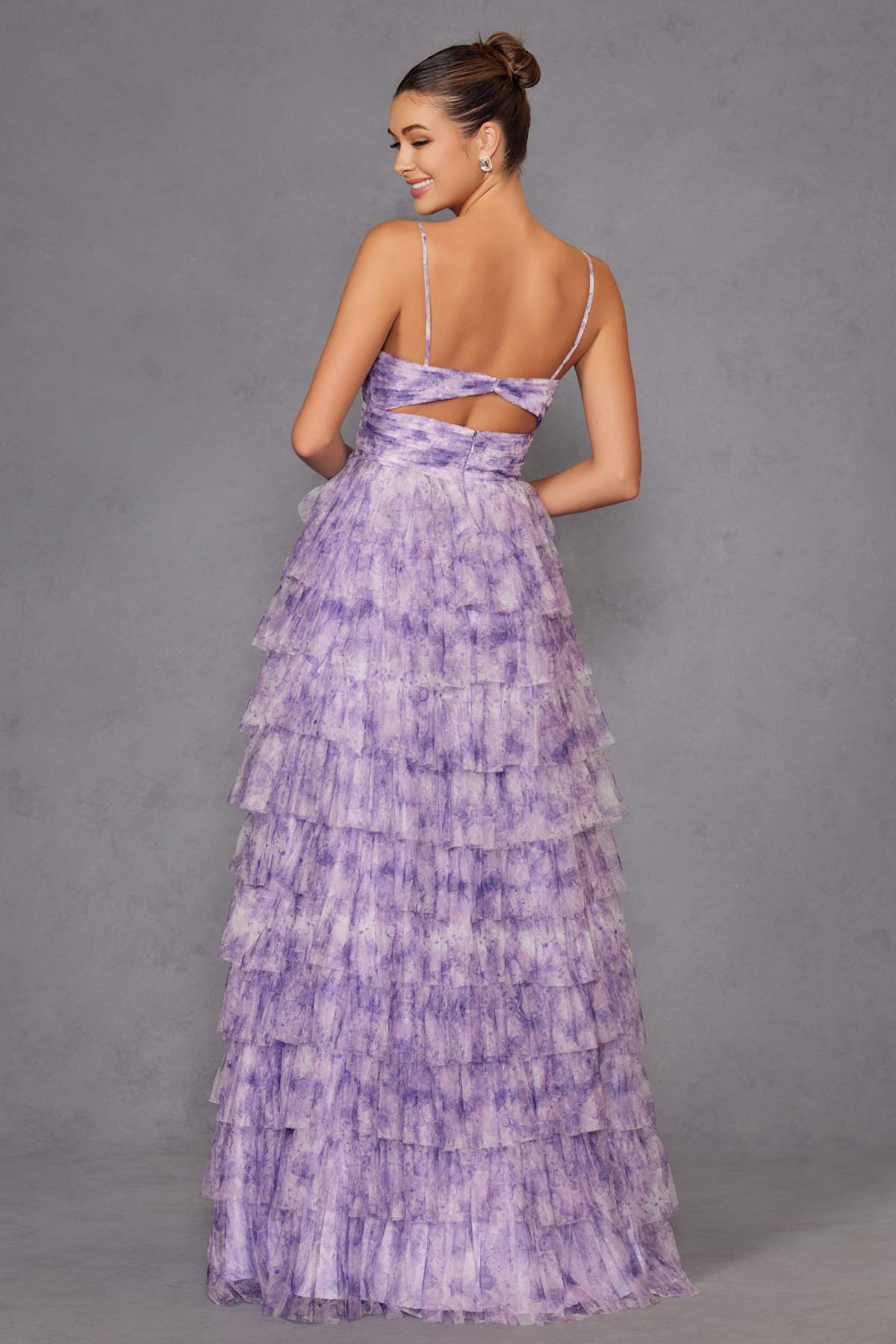 Lilac spaghetti-strap sweetheart tiered ruffle gown with open back and front slit