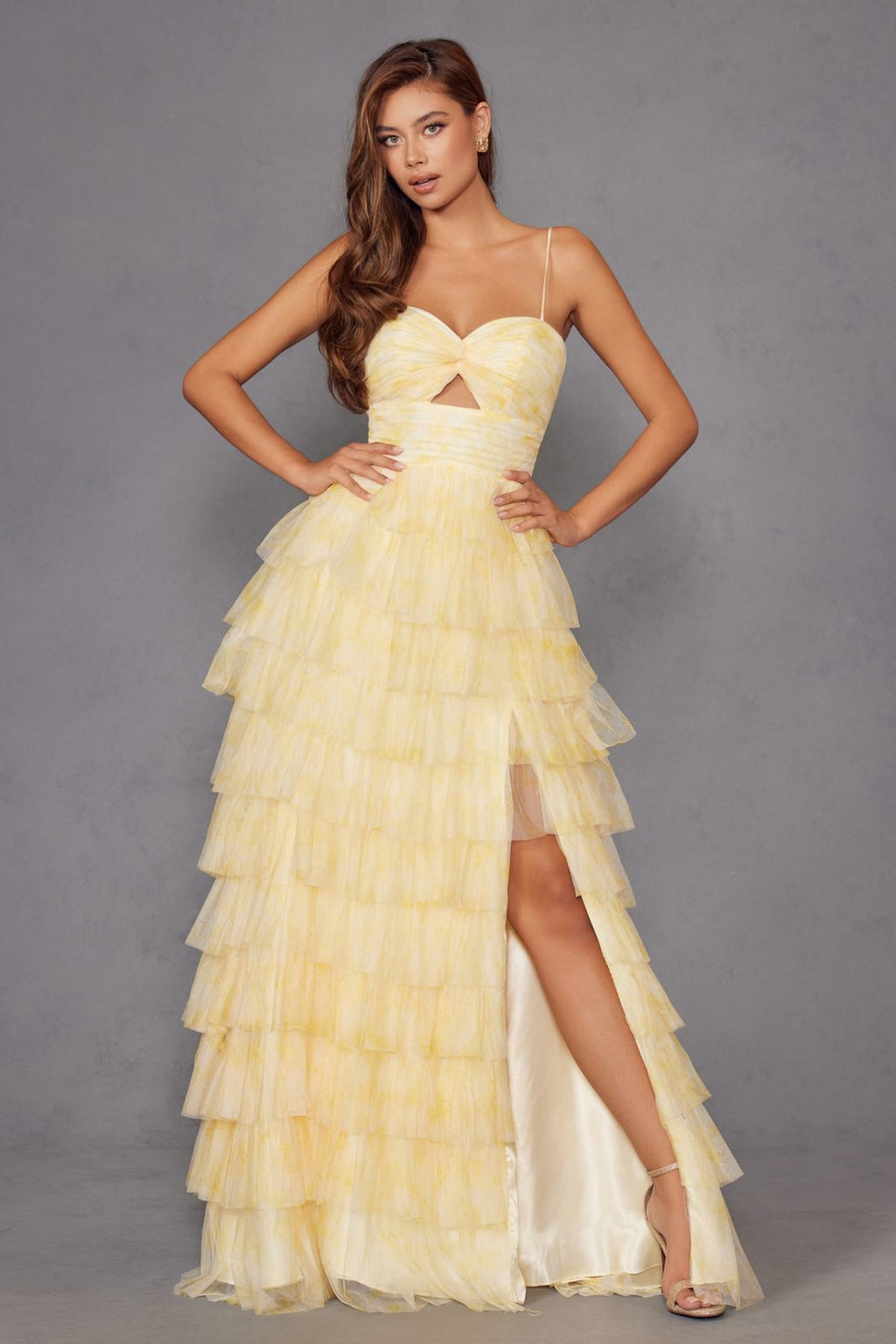 Sweetheart keyhole ruffled tier gown in yellow, tiered ruffles with thigh-high side slit