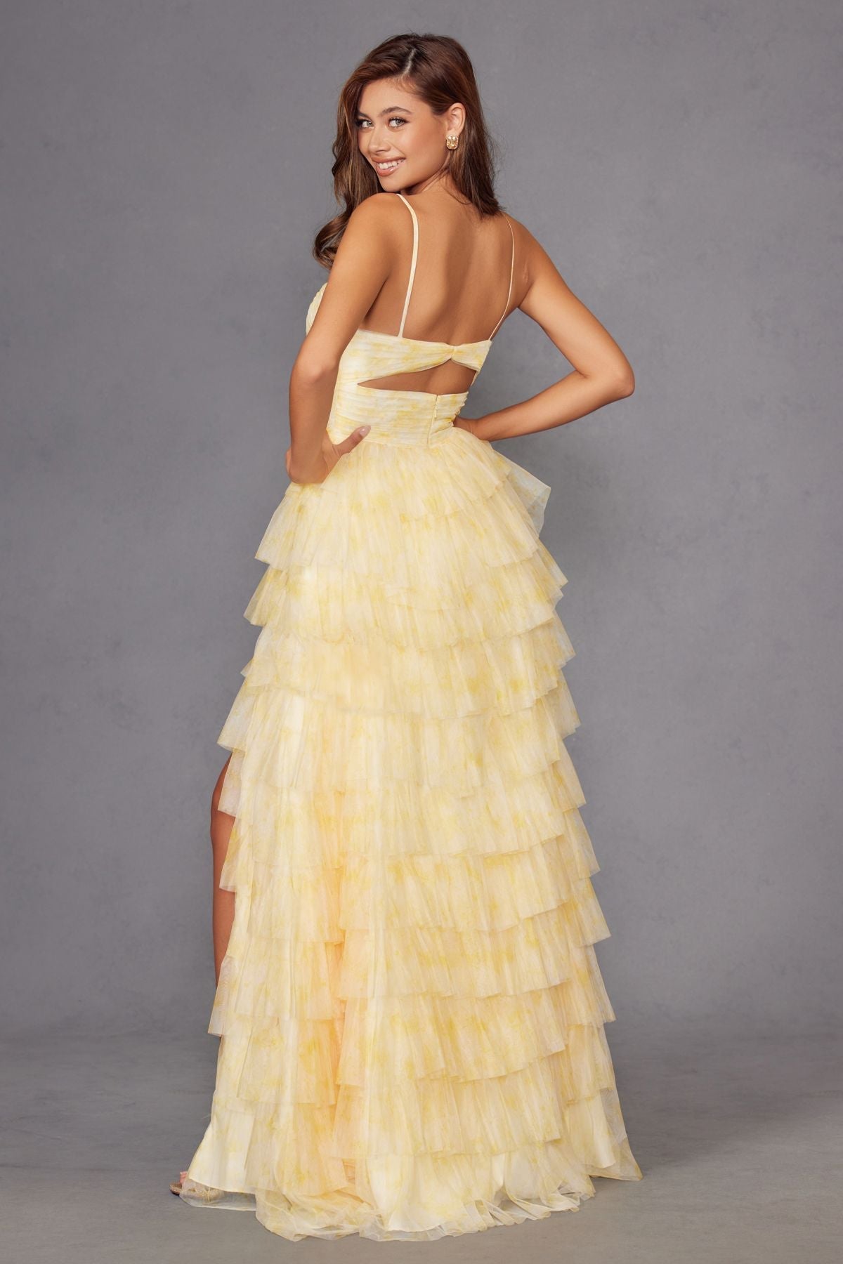 Sweetheart keyhole ruffled tier gown in yellow, strappy back view with tiered ruffles