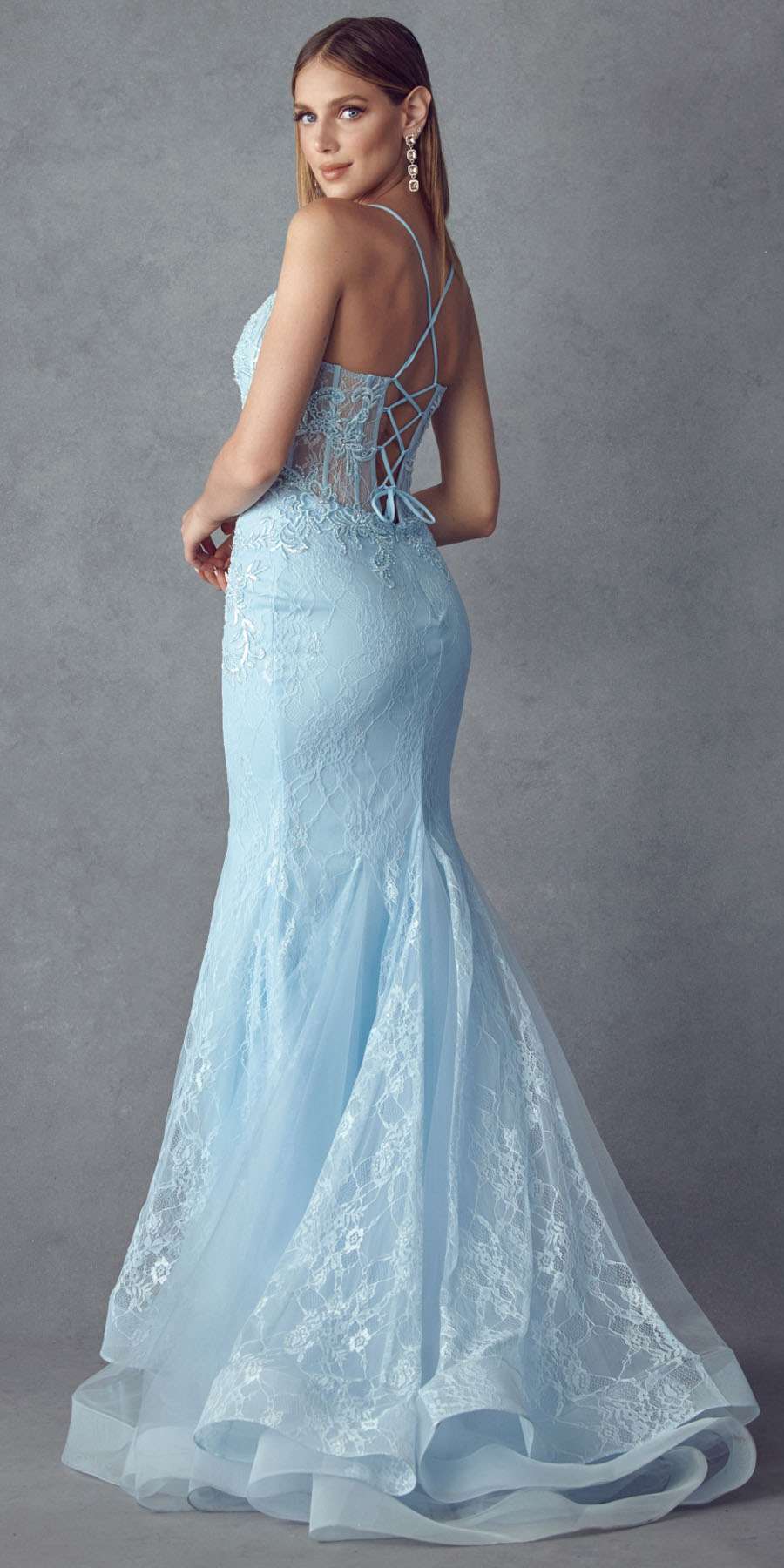 Baby blue lace mermaid dress with crisscross back straps and fitted flared skirt