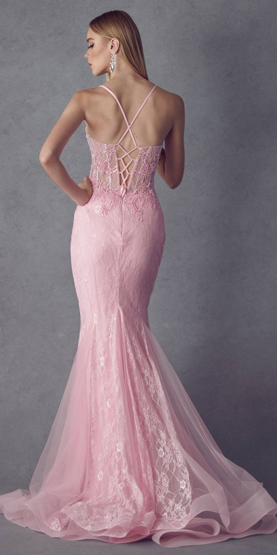 Baby pink lace mermaid dress with open crisscross back straps and flared hem