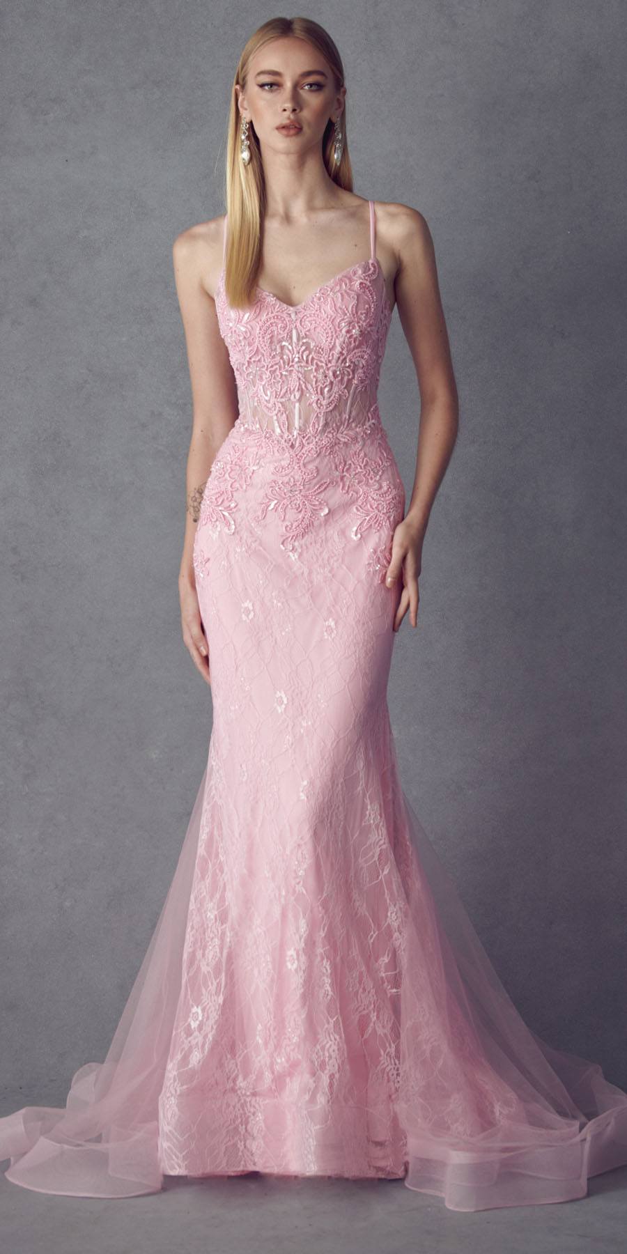 Baby pink embellished lace mermaid dress with thin straps and fitted flared skirt