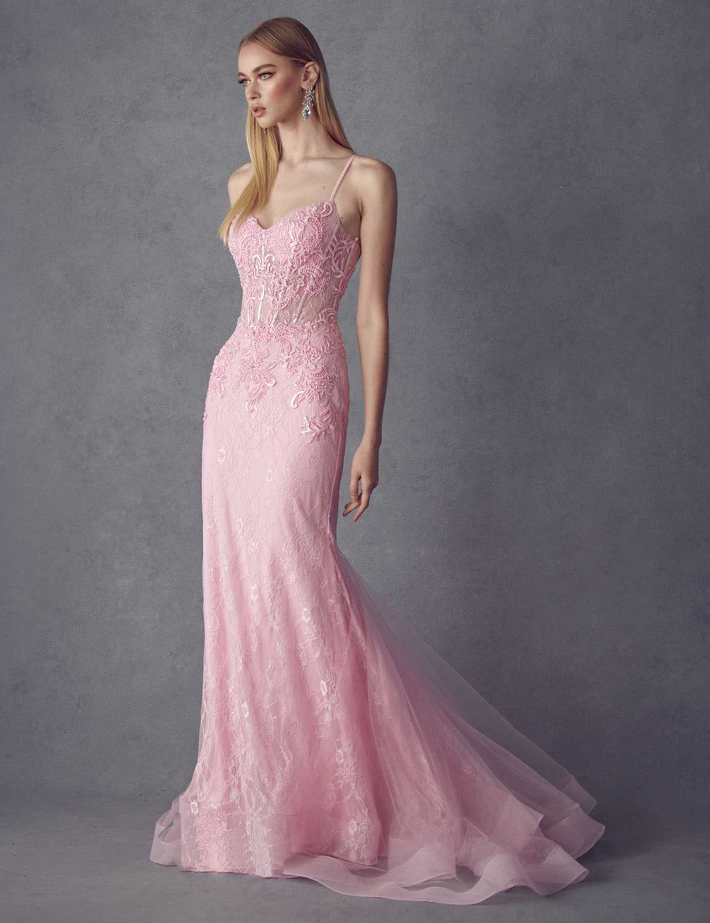 Baby pink embellished lace mermaid dress with spaghetti straps and soft tulle train