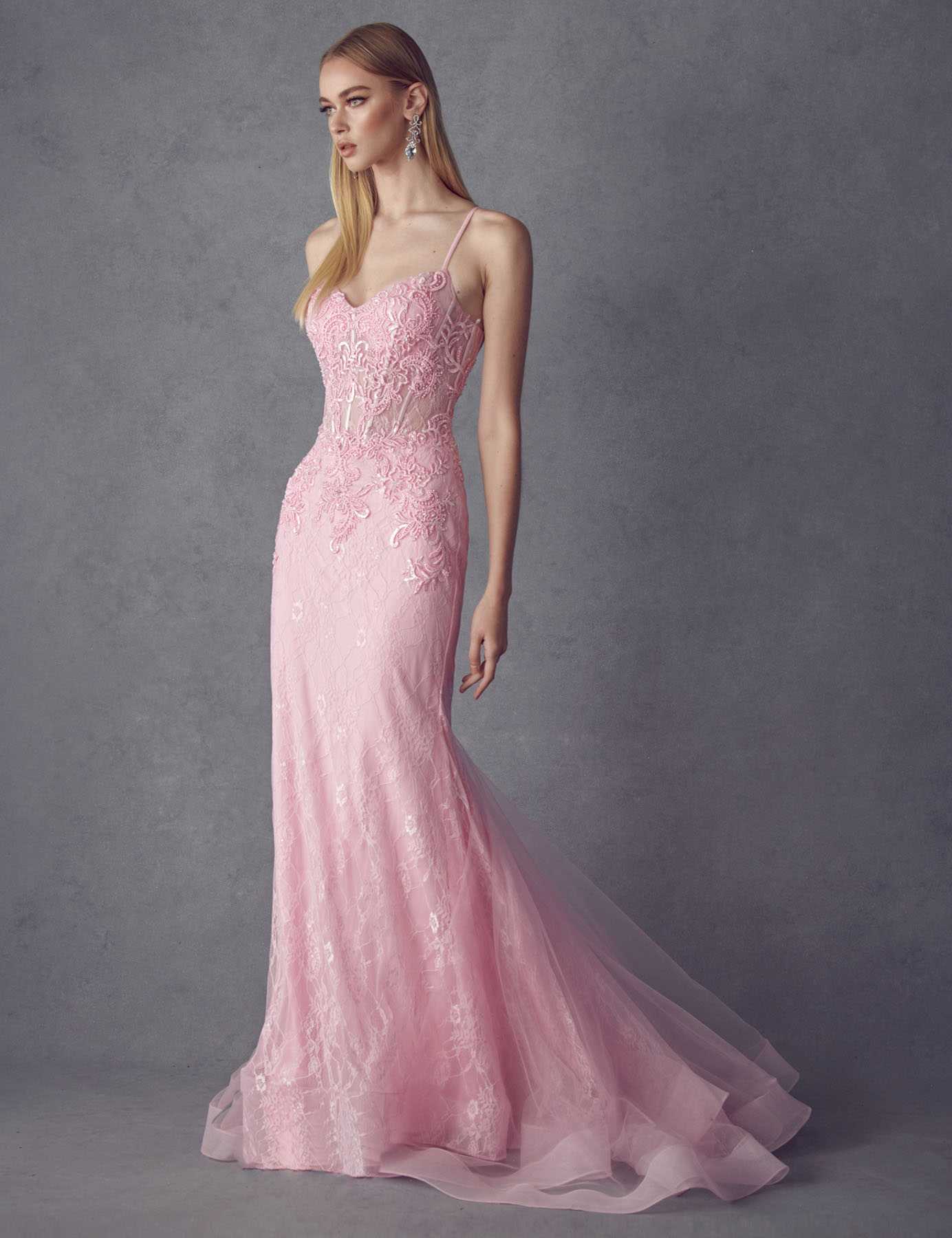 Baby pink embellished lace mermaid dress with spaghetti straps and soft tulle train