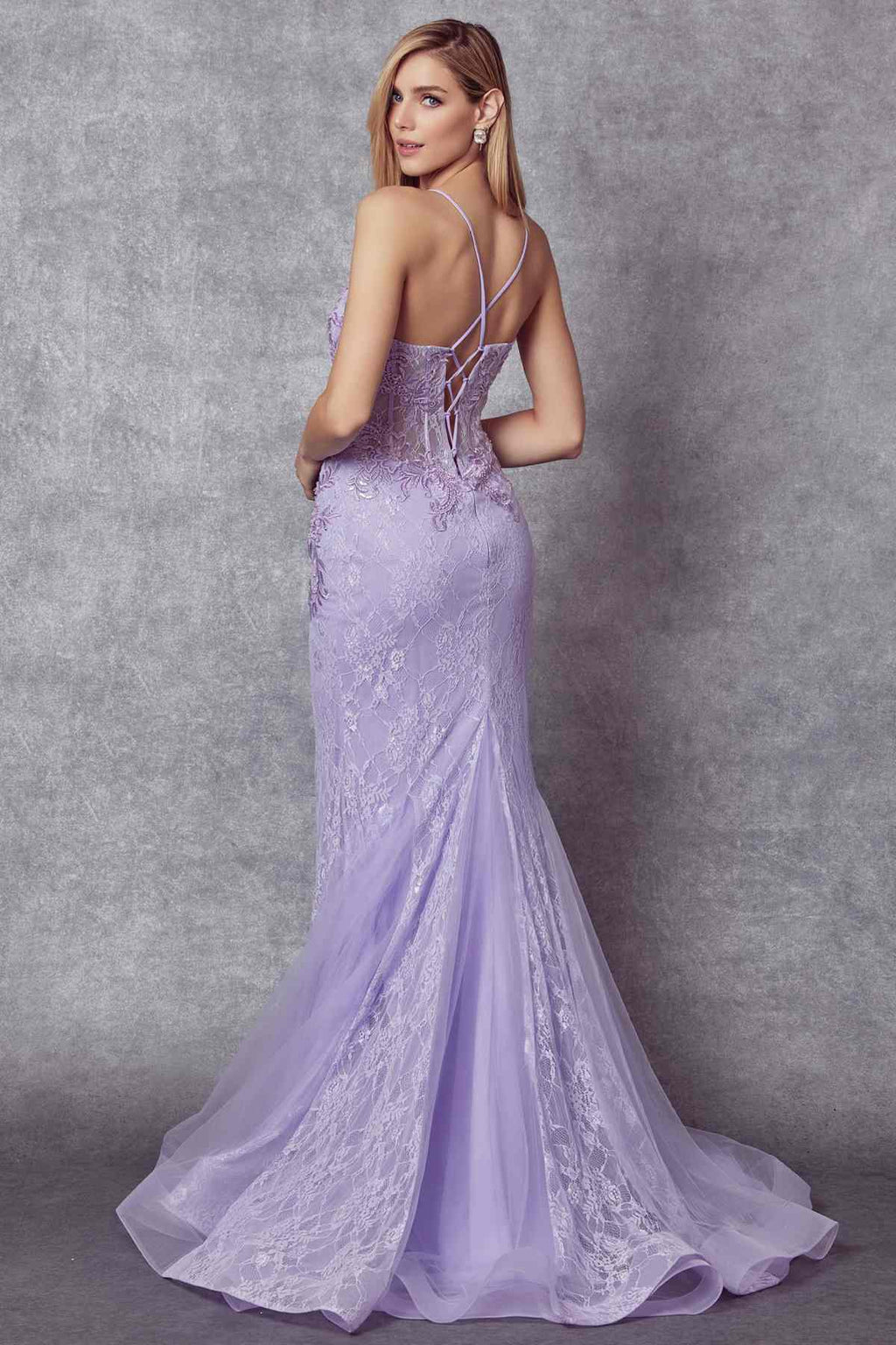 Lilac lace mermaid dress with open back, spaghetti straps, and long sheer train