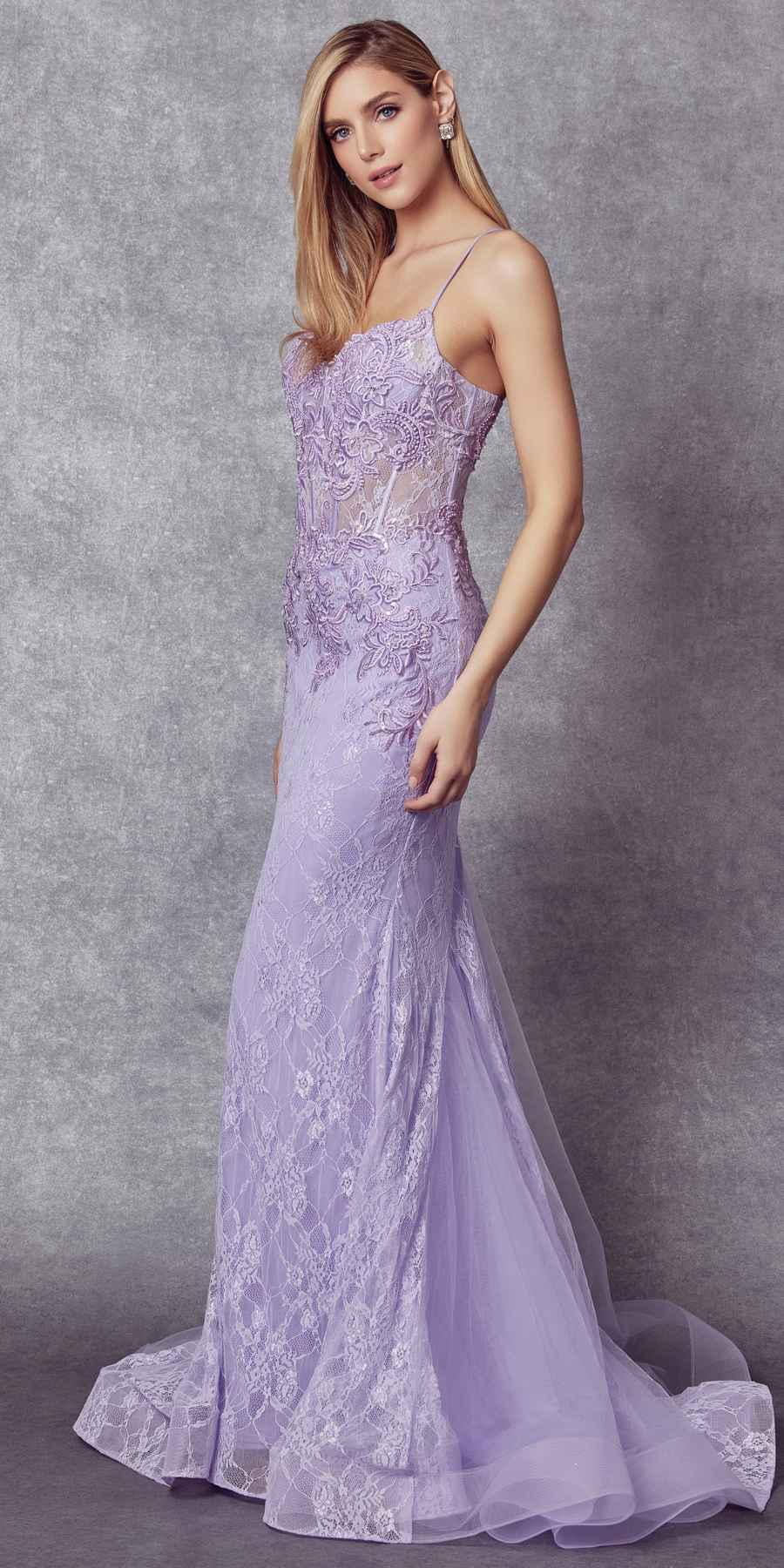 Lilac lace mermaid dress with spaghetti straps and sweeping flared hem