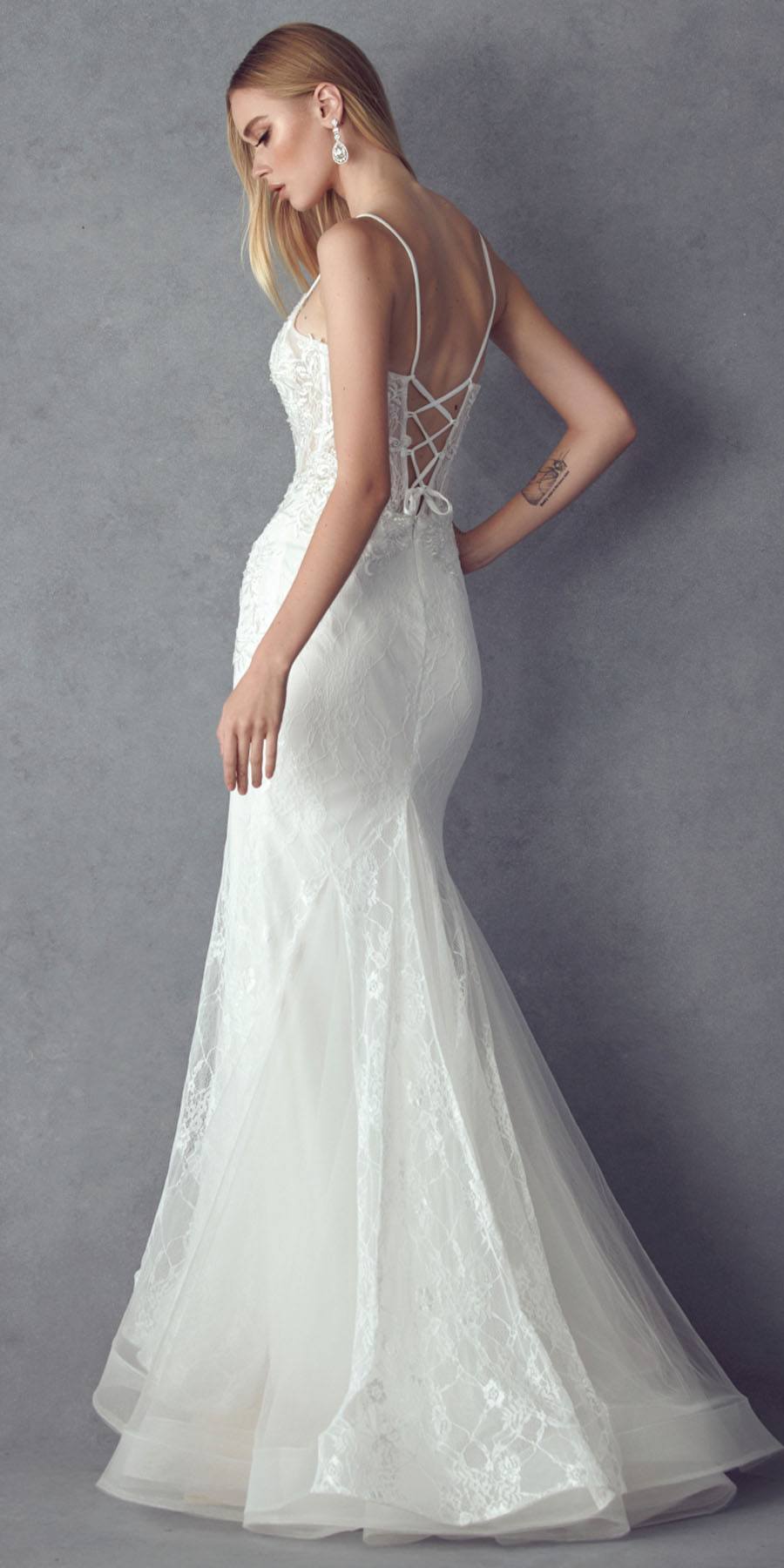 Off-white lace mermaid dress, open back with crisscross straps and fitted hem