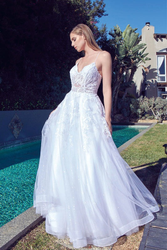 White lace A-line wedding ball gown with spaghetti straps, open back, layered tulle skirt