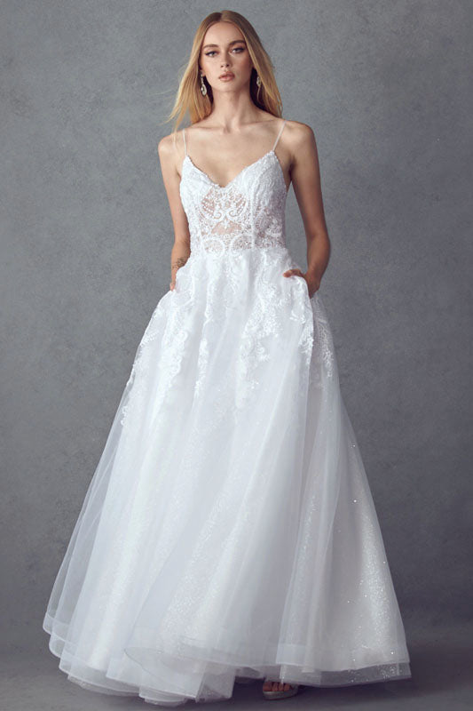 White lace bodice A-line tulle wedding ball gown with thin straps and full layered skirt