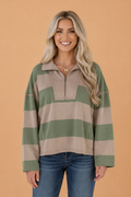Stripe Colorblock Half Zip Collar Long Sleeve Top