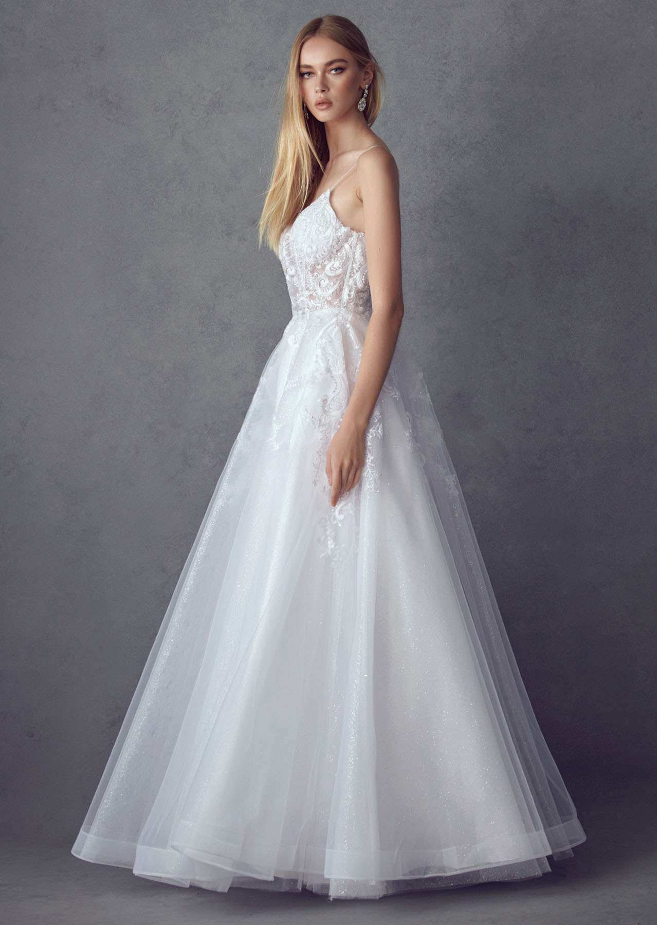 White lace A-line tulle wedding ball gown with thin straps, embellished bodice, full skirt