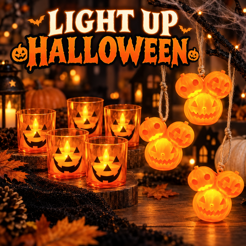 Halloween jack-o'-lantern string lights with glowing pumpkin bulbs and candle holders