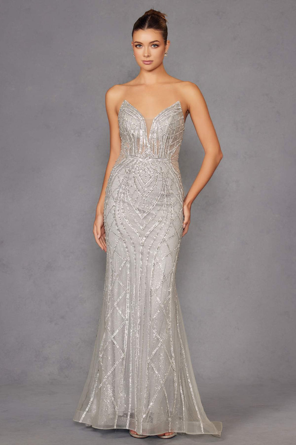 Silver strapless fitted evening gown with V neckline and mermaid skirt