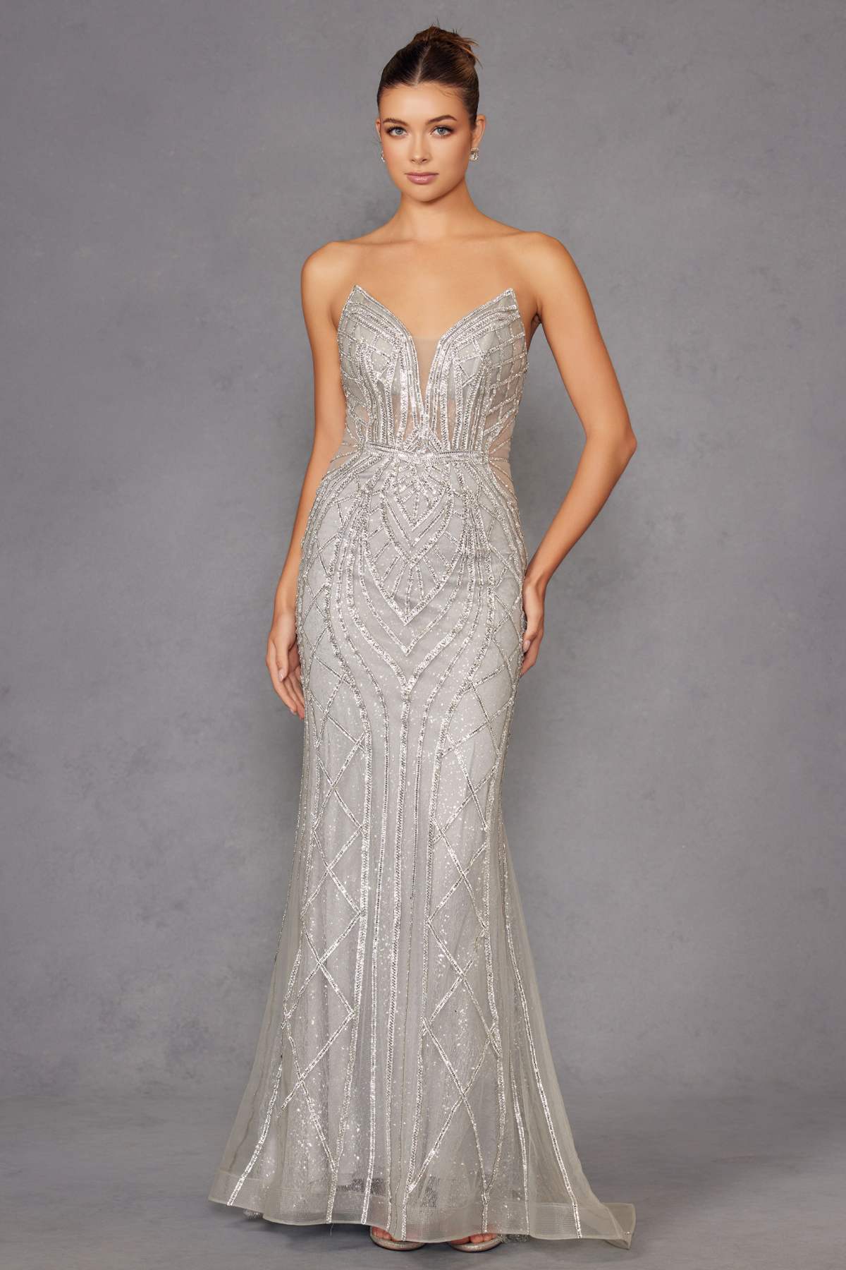 Silver strapless fitted evening gown with V neckline and mermaid skirt