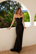 Black satin strapless sweetheart gown with beaded bodice and long column skirt